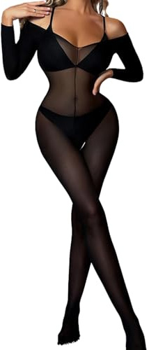 Mujer Sexy Malla Transparente Bodystocking Manga Larga Body Lencería Medias | Una Pieza Ajustado Mono, Nylon Ropa Interior, Suave Elástico Ropa de Dormir, Rejilla Catsuit Teddy Babydoll Negro