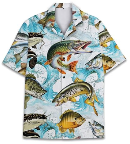 Tropical Big Fish Hawaiian Shirt for Men, Fisherman Bass Trout Shirt Summer Aloha Beach Shirt Button Down