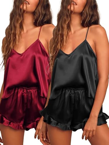 Ekouaer 2 Packs Silk Pyjamas for Women Satin Pjs Set Sexy Cami Shorts Set Ruffle Sleepwear V Neck Loungewear, Black + Red M