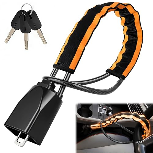OHVBAEON Upgraded Reflective Stripe Steering Wheel Lock,Seat Belt Lock,Metal Head,Heavy Duty Universal Car Lock Steering Wheel,High Visibility Car Locks Anti-Theft Device,3Keys (Orange)
