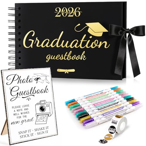 13 Pcs 2026 Graduation Guest Book Set, 30 Pages Scrapbook Photo Album with Photo Sign, 10 Dual Tip Metallic Markers Pens and DIY Matching Stickers for Grad Party Decorations Favors