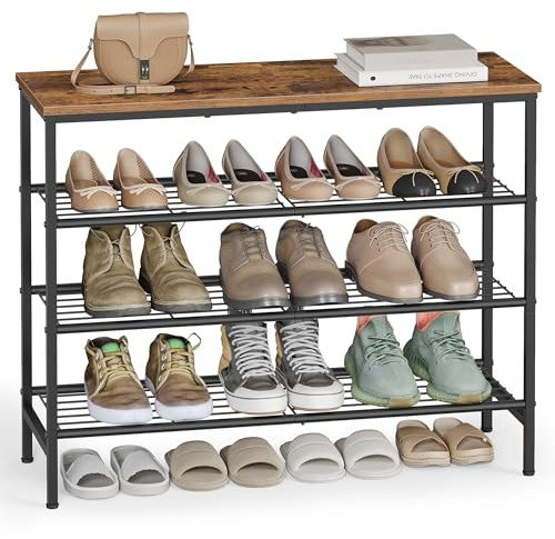 VASAGLE Shoe Rack, Shoe Storage Organiser Shelf for Hallway, Living Room, Bedroom, Metal Frame, 4 Tiers, 30 x 75 x 69 cm, for 12–16 Pairs, Rustic Brown and Ink Black LBS049KD01