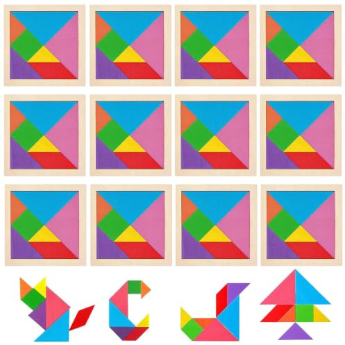 HORREX 12 stycken trä tangram, geometriska tangramfigurer vuxna, pedagogiskt pusselspel trä, klassiskt pusselspel lämpligt för skolan resor semester utflykter camping