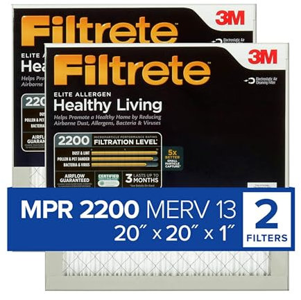 Filtrete 20x20x1 AC Furnace Air Filter, MERV 13, MPR 2200, Elite Allergen, Bacteria & Virus Filter, 3-Month Pleated 1-Inch Electrostatic Air Cleaning Filter, 2-Pack (Actual Size 19.719x19.719x0.78 in)