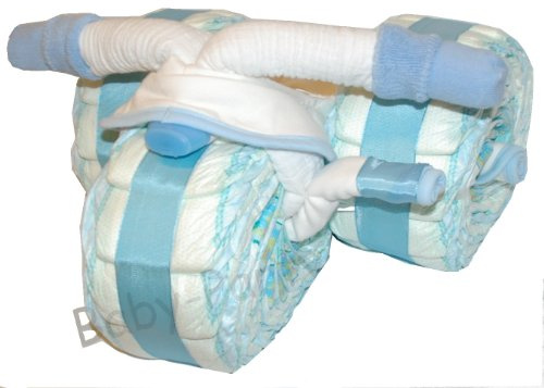Gâteau de couches tricycle bleu - Cadeau de naissance et de baptême - Tricycle à couches - Vélo à langer