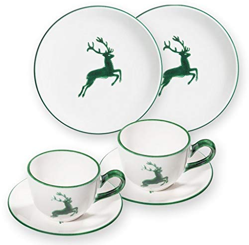 GMUNDNER KERAMIK Breakfast for two Classic Geschirrset grüner Hirsch Geschirr, handgemacht in Österreich