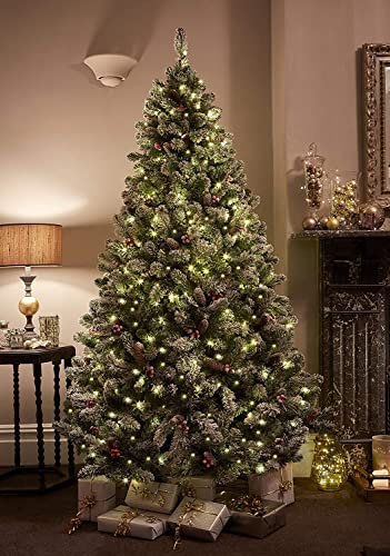 7ft/210cm Premium Christmas Tree Snowy Flocked Windsor Pinecones & Berries Pre Lit with 900 Micro Warm White & Multi Colour LEDs - Includes On/Off Foot Pedal