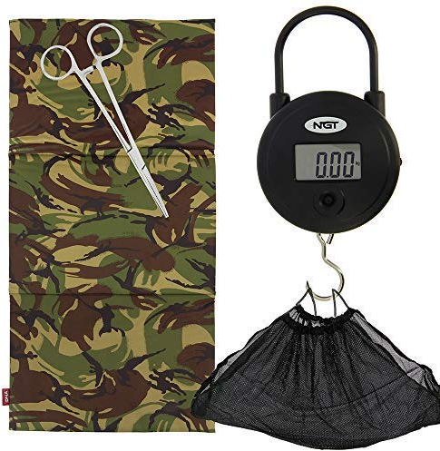 Carp Coarse Fishing Tackle Camo DPM Folding 100 x 50 x 1cm Unhooking Landing Mat with Soft Mesh Weigh Sling Digital Weighing Scales and Steel Forceps Set
