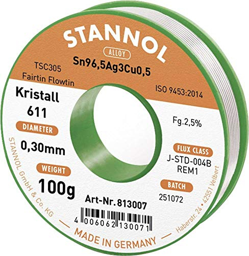 Estaño de soldadura sin plomo Stannol Kristall 611 Fairtin 813007 Sn3.0Ag0.5Cu sin plomo 100 g 0.3 mm 1 pc(s)