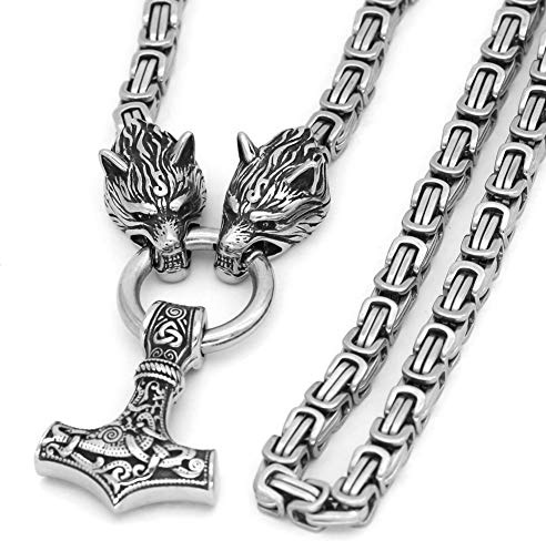 GuoShuang Men Stainless Steel Wolf Head Norse Viking Amulet Thor Mjolnir Necklace King Chain with Valknut Gift Bag (28 INCH)