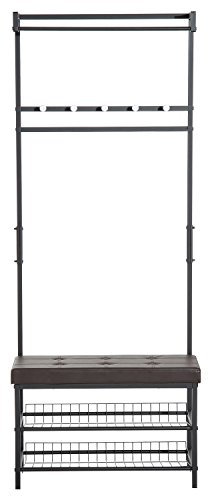 HOMCOM Porte-Manteau vestiaire d'entrée Banc intégré 2 étagères 5 patères + Barre de penderie métal Noir revêtement synthétique Chocolat