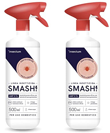 SMASH Spray Antipulci e Antizecche per Ambienti e Tessuti - Adatto per Ambienti con Animali Domestici - 2x500ml - Per uso in Casa ed esterno - Insetticida Senza Permetrina - Istruzioni Incluse