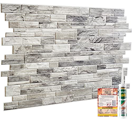 NOVECRAFTO Stone Effect 3D Wall Panels - 37.7 x18.89 in (96x48cm) 6 Sheets Covering 29.76 sqft (2.76 sqm) - Waterproof Decorative PVC Wall Cladding for Home, Office - Natural Grey Stone Slate Effect