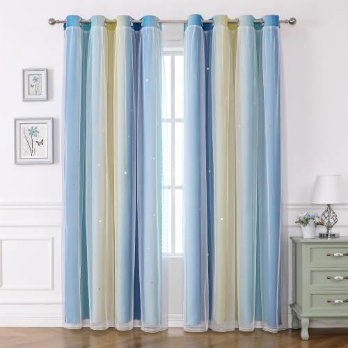 Freyamy Gardinen Blau Beige Weiß Glänzend Sterne Vorhänge Blickdicht Kinderzimmer Halbtransparent H 240 X B 132cm Ösenvorhang 2er Set Mädchen Kindervorhänge Gardinen Verdunkelungsvorhang Wohnzimmer
