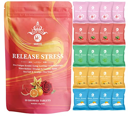 MR MIRYE Dusche Dampfparfüm - 20 Packungen Dampfbomben Parfüm Geburtstagsgeschenke für Frauen, Bio-Orangen und Vanille, Meeressalz und Orangen, Rosen, Teebaum, Geschenkkorb für Frauen