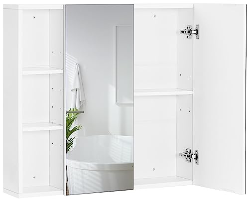 Yaheetech Bathroom Mirror Cabinet, 2 Doors, Open Side Shelves, White