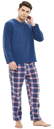 iceBoo Mens Fleece Pyjama Set V Neck Top & Plaid Bottoms with Side Pockets and Drawstring Fastening Waist Comfortable for Mens Pyjamas Suit FM77 L