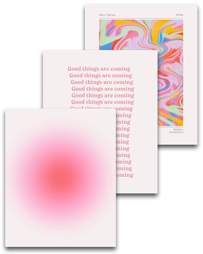 HesenDot Retro Gradient 30x40cm Unframed Canvas Prints,Pink Aura Wall Art Set of 3,Lovely Psychedelic Poster Decoration for Bathroom Living Room Bedroom Girl Apartment