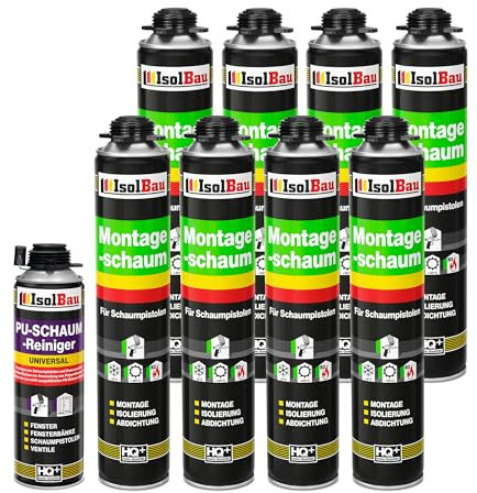 Isolbau Kit de mousse de construction – Comprend 8 x mousse de montage B2 1K avec un excellent son et une isolation thermique (750 ml chacune) et 1 nettoyant pour mousse de polyuréthane (500 ml), le