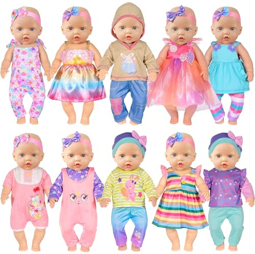 ebuddy 10 Sets Doll Clothes and Accessories Play Set for 43cm/ 17 inch New Born Baby Dolls include Rompers, Dress and Hat (Doll Not Included)