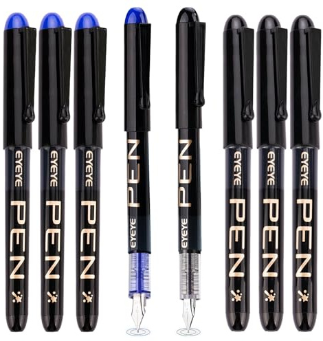 EYEYE Plumas estilográficas desechables, punta fina de acero inoxidable, escritura suave para suministros escolares y de oficina (4 negros,4 azules)