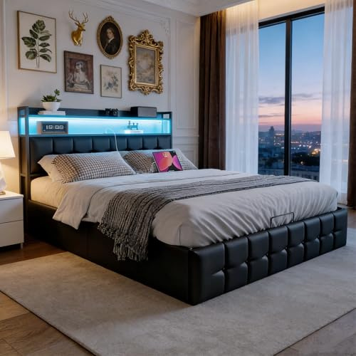 BRILVERDE Polsterbett 160x200 Doppelbett mit Stauraum-Kopfteil, Jugendbett mit LED/USB, Hydraulisch Stauraumbett, Bettgestell mit Lattenrost, Funktionsbett, PU (Schwarz, 160 x 200 cm)