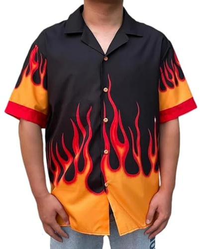 Mens Flame Shirt Short Sleeved Flame Graphic Button Down Beach Holiday Top Harajuku Hawaiian Shirt Yellow