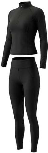 FitsT4 Sports Womens Equestrian Outfits, 2 Piece Horse Riding Set, Long Sleeve Riding Shirt & Knee-Patch Silicone Breeches Black S