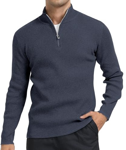 DAFENP Jersey Hombre Invierno Cuello Alto con Cremallera Suéter Punto Manga Larga Cálido Trabajo Pullover FS6783M-Blue1-XL