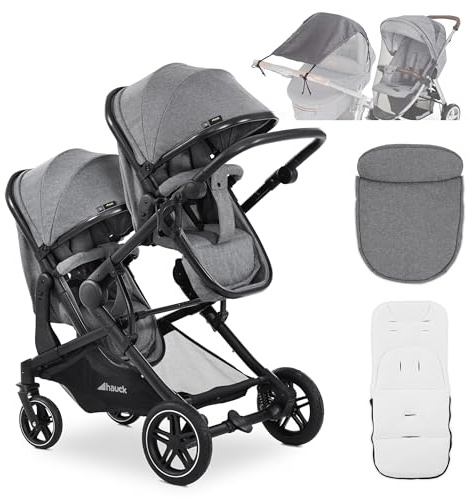 hauck Atlantic Twin Carro Gemelar desde el Nacimiento – Carrito Bebe con 2 Capazos Convertibles en Sillas de Paseo Reclinables – Cochecito Doble con Accesorios Mosquitera y Capota UV50+ – Gris