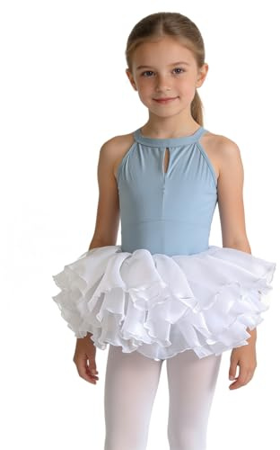 inhzoy Balettdräkt för barn, flickor, tyll, balettlite, ärmlös balett, tröja, rygglös med volanger i flera lager, organza-kjol, 2 delar. Set, Ljusblå, 98-104