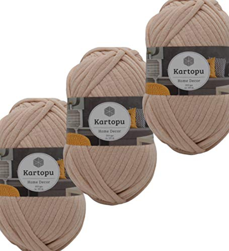3x200gr Home Decor -weiches Textilgarn- gleichmäßige Einfärbung und Garnstärke- Häkelgarn für Kissenhüllen, Taschen, Häkeldecken- Jersey Garn in großer Farbauswahl (855 beige)