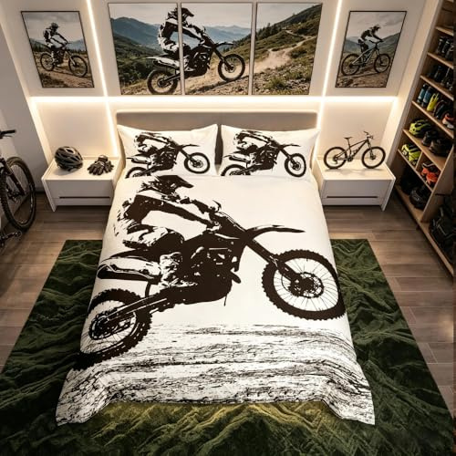 Dirt Bike sängkläder och linne, sportbiker motocross racing rörelser, coola tonårspojkar dekorativt bäddset dubbel storlek, svart och vitt