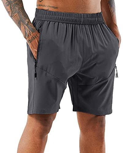YAWHO Pantalones cortos de deporte para hombre, de secado rápido, con bolsillo con cremallera/pantalones de jogging para entrenamiento, correr, fitness, 0366 gris, XL