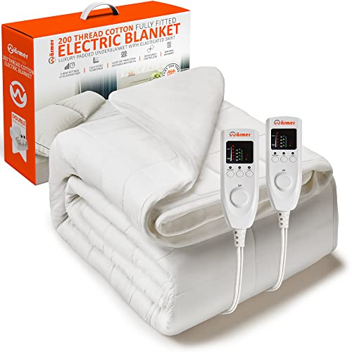 Wärmer Cotton Luxury Padded Electric Heated Blanket - Double (193 x 137cm) - Fully Fitted, Dual Controller, Machine Washable, Detachable Controller - Double
