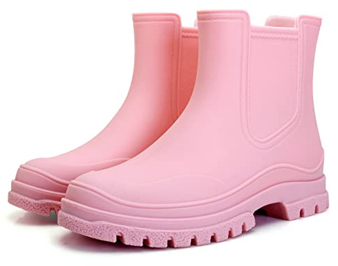 Hsttgsr Women's Rain Boots, Comfortable Elastic Adult Ankle Booties, Fashion Mid Heel Chelsea Boots, Waterproof Non-Slip Chunky Platform Lug Sole Short Garden Boots