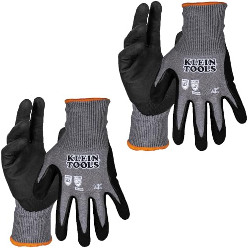 KLEIN TOOLS 60585 Work Gloves, Knit Dipped Cut Resistant ANSI A2 Nitrile Coated Gloves, HPPE Fabric, Touchscreen Capable, Large, 2-Pair