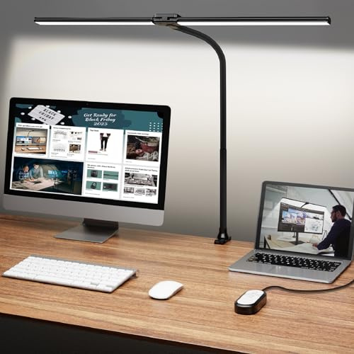 ShineTech LED Desk Lamp, 31.5 Ultra Wide Double Head Architect Light with Clamp, 50 Adjustable Lighting Modes, Eye-Caring Bright Task Lamp for Home Office, Large Monitor, Memory & Auto-Off Timer