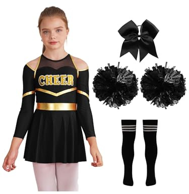 Aislor Mädchen Cheer Leader Kostüm Karneval Langarm Cheerleading Uniform Outfits Pailletten Kleid Mit Pompoms/harrband Strümpfe Cheerleading Tanzkleid F Schwarz 146-152