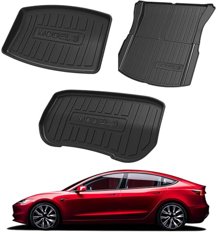 Arcoche Alfombrillas Traseras + Delanteras para Maletero Tesla Model 3 2025 2024 Highland, 3 Piezas Alfombrillas para Maletero para Todo Clima para Tesla Model 3 Highland Accesorios