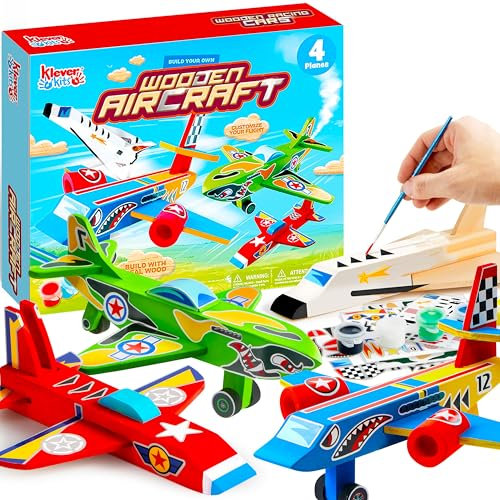 Klever Kits 4PC Airplane Painting Kit, Arts and Crafts for Kids Age 6-12,Paint Your Own Wooden Aircrafts, Airplane Activities for Kids,Birthday Creativity Presents for Boys Age 6 7 8 9 10 11 12