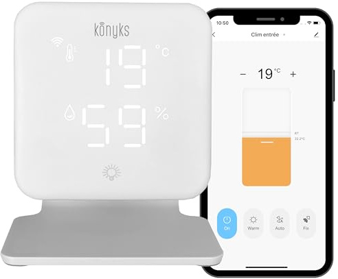 Konyks Climpac - Thermostat Wi-FI pour Climatiseurs et Pompes à Chaleur Air-Air, contrôle à Distance, Commande vocale, thermomètre et hygromètre intégrés