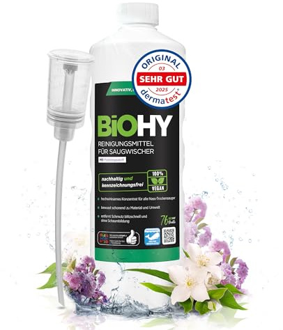 BiOHY Rengöringsmedel för sugtorkare med fräsch vårdoft (1l flaska) + doser | 1:200 koncentrat för alla våttorkdammsugare | för kakel, PVC, parkett, laminat och mattor | hållbar och ekologisk