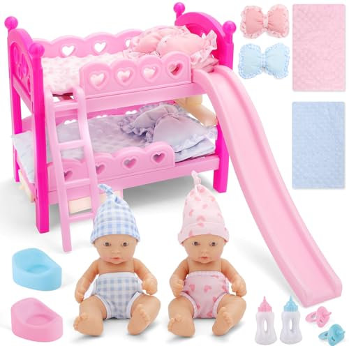 deAO Puppenbett und Twin Puppe Set, 13-teiliges Puppen Zubehör mit Puppen Doppel-Hochbett, Zwillingspuppen, Decke und Kissen, Puppenflasche, Babypuppen Spielset Geschenk für Mädchen ab 3 Jahre