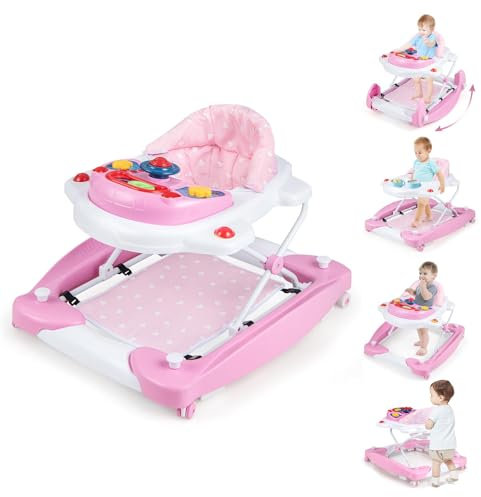COSTWAY 6 in 1 Lauflernhilfe, Lauflernwagen mit abnehmbarem Spielboard & Fußpolster, Baby Walker höhenverstellbar & klappbar, Laufwagen mit Musik & Licht, Gehfrei baby ab 6 Monaten (Rosa)