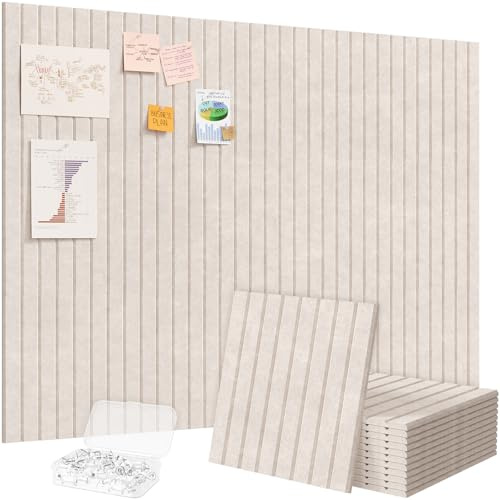 Lifewit Felt Slatted Bulletin Board, 12 Pack Self-Adhesive Panel, 48x 36 Total Size, Cork Board Alternative, Pin Message Board with 30 Pushpins for Room and Office Decor, Home, Dorm, Oatmeal