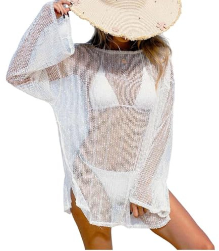 Cache-Maillot de Bain Femme - Robe de Plage en Filet Crochet Tunique Été Manches Longues Bohème Sexy Transparente Ample Vêtement de Plage Vacances Piscine Légère Grande Taille