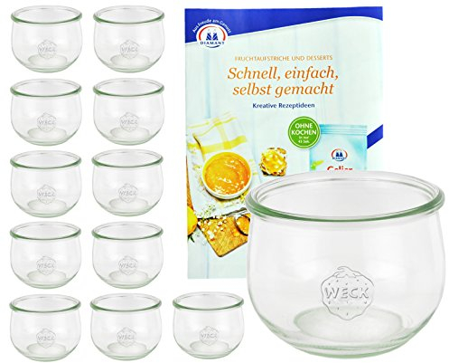 MamboCat 12er Set Weckgläser 580 ml Tulpenform I Original Weck Tulpenglas Dessertglas I Einweckgläser für Obst Gemüse UVM I Weck Gläser ohne Deckel inkl. Diamant-Zucker Gelierzauber Rezeptheft