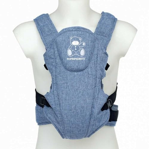 Foppapedretti Marsupio Porta Bimbo Marsupi8, bambini da 3.5 a 9 Kg, rinforzo lombare, spallacci imbottiti, fibbie laterali, utilizzabile fronte genitore/strada riduttore primi mesi incluso, Jeans Blue