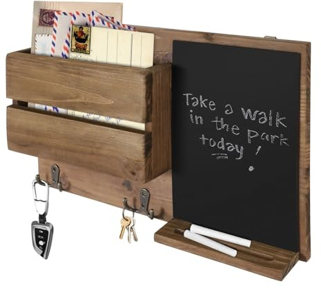 Flexzion Rustic Wood Entryway Mail Sorter Holder, Wall Mount Mudroom Storage Organizer with Blackboard Chalkboard Memo Board Message Sign & Key Hook Rack/f Front Door Furniture Accessory Home Office